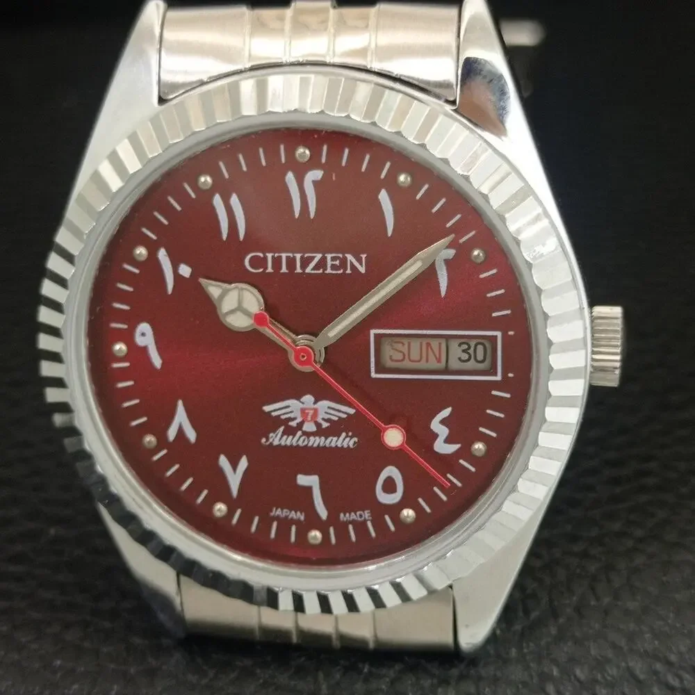Vintage 1978 Citizen Automatic Mens Silver Watch W/daydate & Red accents